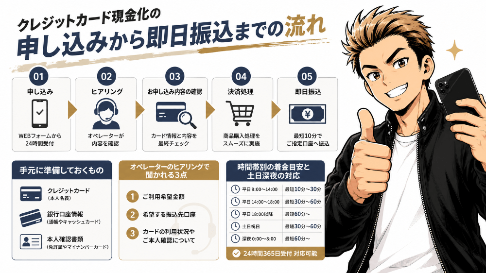 クレジットカード現金化の申し込みから即日振込までの流れ